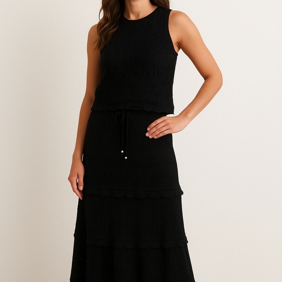 Solitaire Crochet 2 Piece Set Womens Medium Black Maxi Sleeveless Flowy - Picture 1 of 12